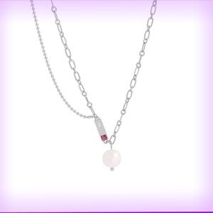 Freshwater Pearl Double Overlap Chain Necklace Rhodium Plated